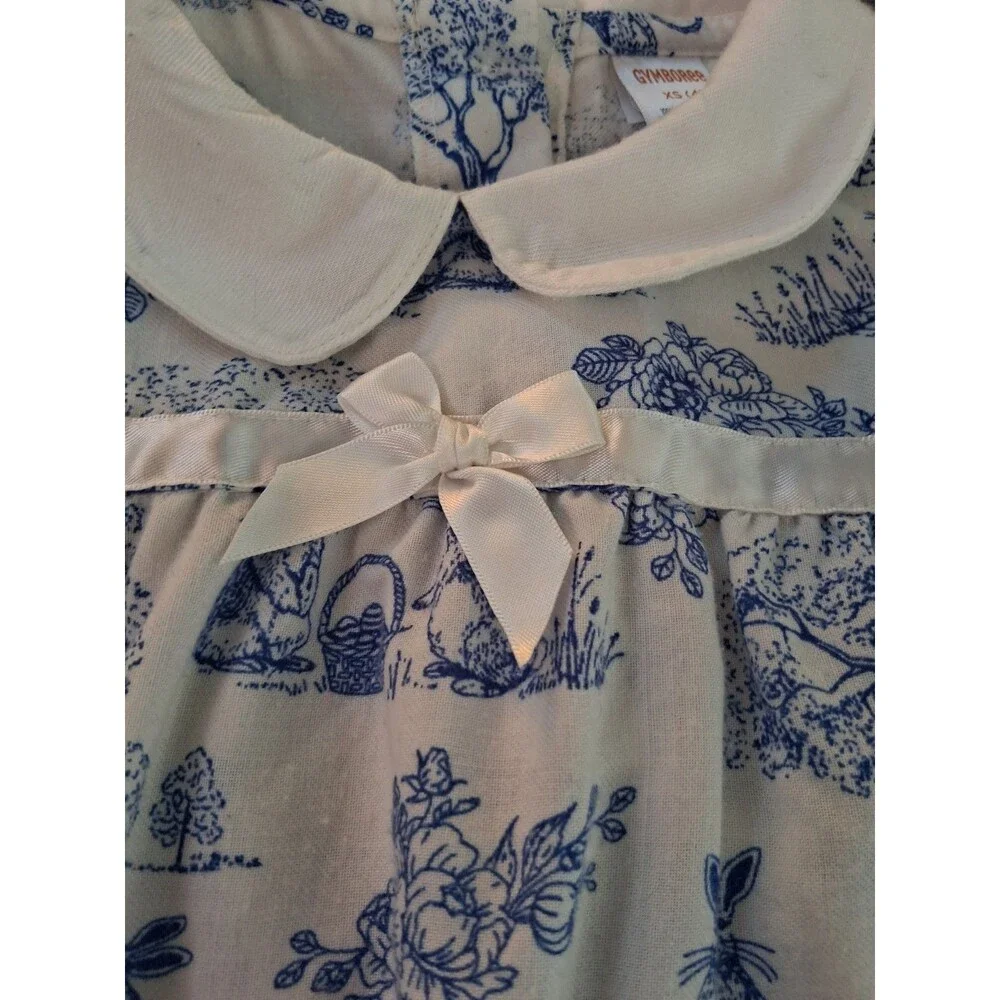 Gymboree Girls XS (4) White/Blue Bunny Toile Shirt Dress Collared Long Sleeve